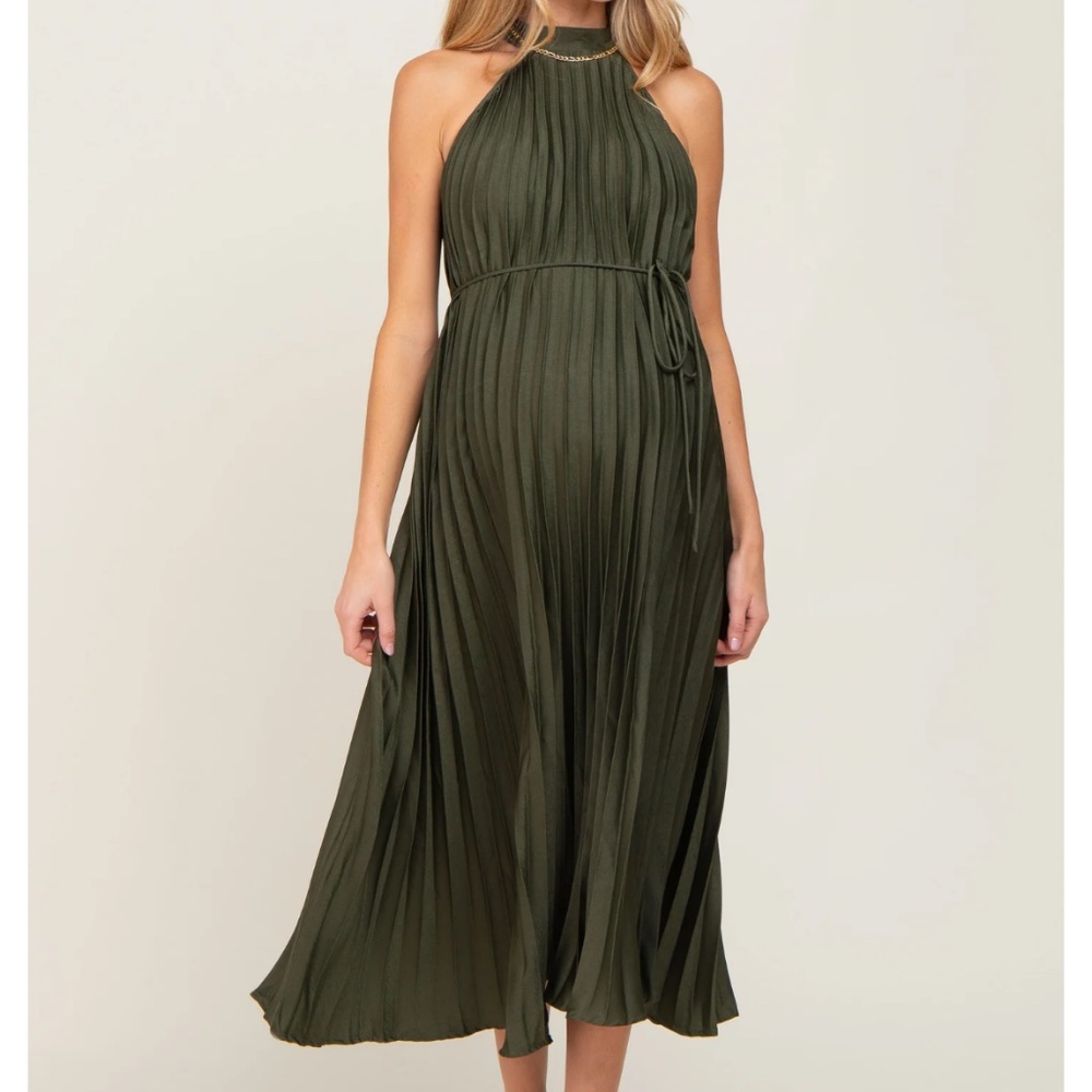 Olive Pleated Maternity Halter Dress